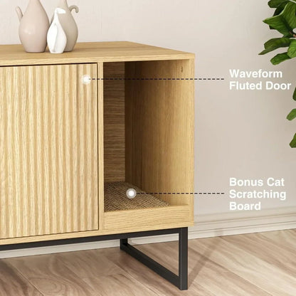 Cat Litter Box Enclosure - Fluted Hidden Litter Box Furniture with Cat Scratch Pad, 2 Doors & Enclosed Cabinet