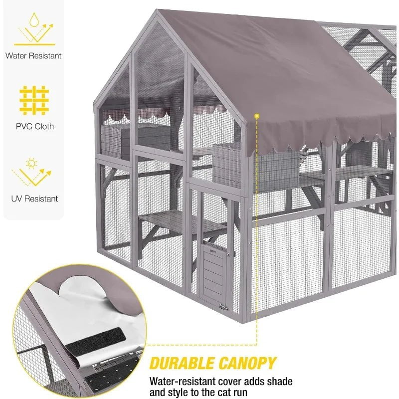 Large Outdoor Cat Enclosure with Bridges, Walks, Small Houses, and Waterproof Roof Cover