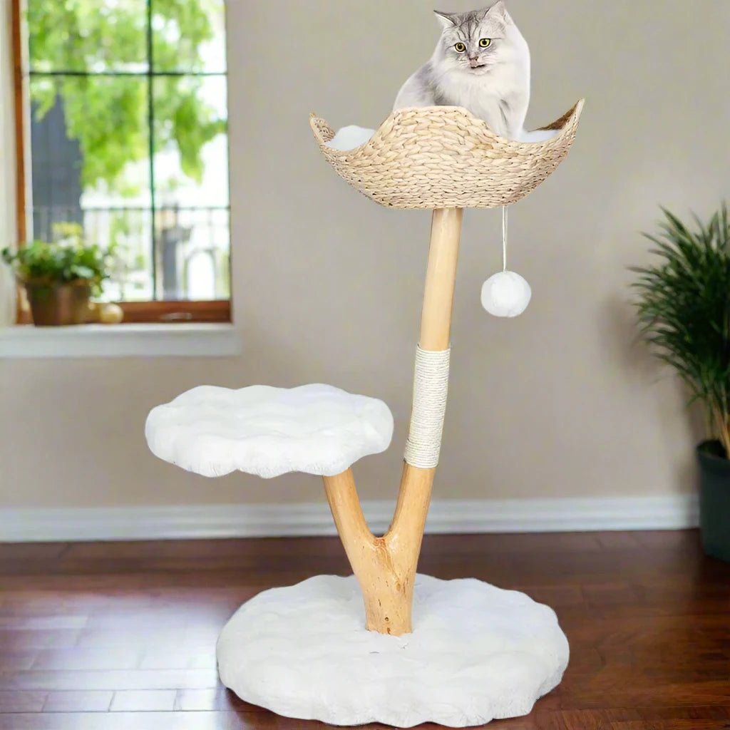 Wooden Cat Tree Tower with 40-Inch Scratching Post, Real Wood Branches, and Comfortable Cushions for Large Cats