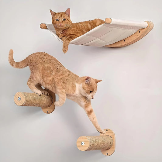 Wall-Mounted Cat Hammock with Two Steps, Shelf, and Sturdy Wood Construction for Relaxation and Play