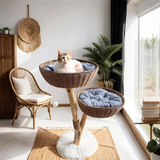 Modern Minimalist Cat Tree with Sisal Rope Scratching Posts, Plush Cushions, and Interactive Fluffy Ball Toy