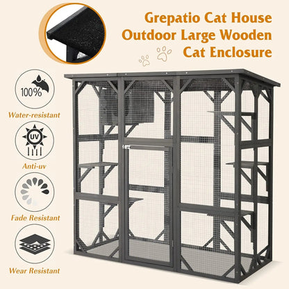 Large Outdoor Catio Wooden Cat House with Weatherproof Roof, Indoor Playpen, and Platform