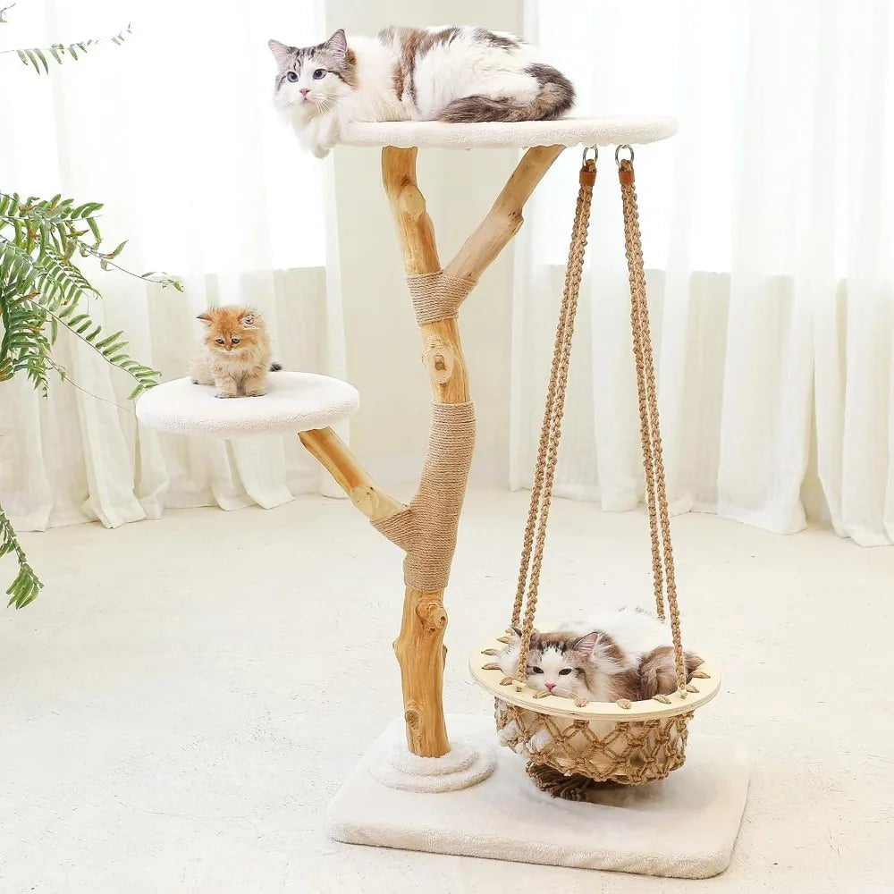 Luxury Cat Towers for Large Cats - Wooden Cat Condos with Cat Swing, Perches, and Washable Cushion