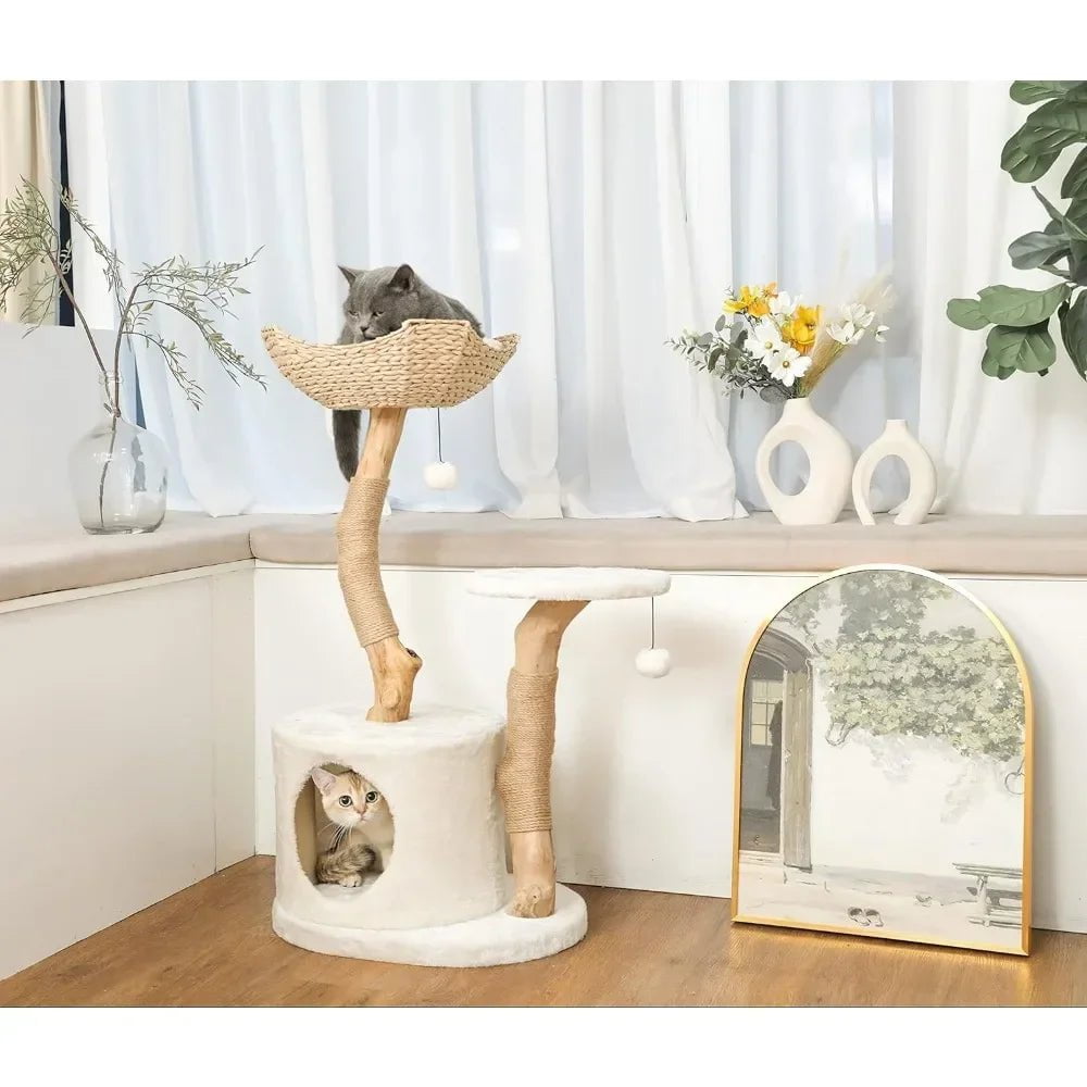 Modern Cat Tree Tower for Small Indoor Cats - Real Wood Construction, Scratch Post, and Cozy Perches for Climbing and Relaxation