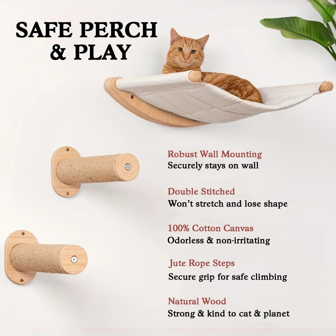 Wall-Mounted Cat Hammock with Two Steps, Shelf, and Sturdy Wood Construction for Relaxation and Play