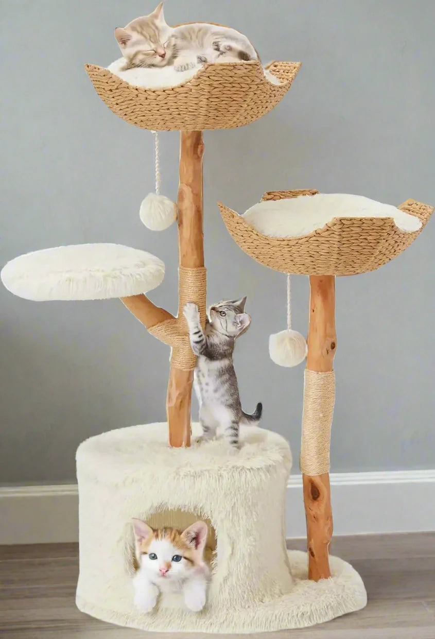 Aesthetic Cat Tree - Wood Cute Tree Tower with Scratching Post, Modern Condos, Jumping Platforms, and 2 Beds