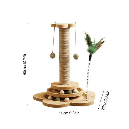 Solid Wood Cat Turntable Toy with Sisal Scratching Board, Feather Toy, and Unique Design