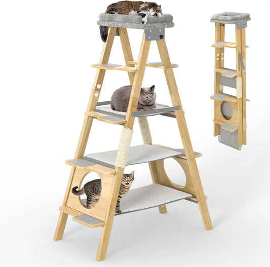 Modern Wood Cat Tree with Foldable Ladder Design, Hammock, Sisal Scratch Post, and Anti-Slip Padding for Safe Play