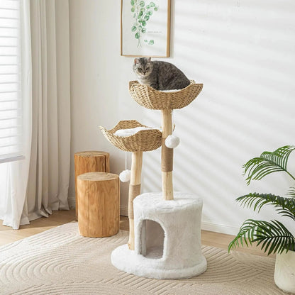 Modern Cat Tree for Indoor Cats - Large Adult Wooden Cat Tower with Scratching Post