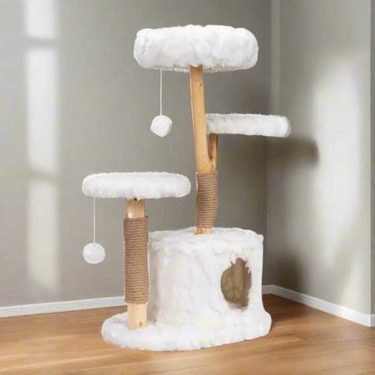 Natural Branch Modern Cat Tree - 3-Tier Luxury Cat Condo with Plush Perches and Jute Rope Scratching Posts