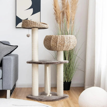 Cat Tree Tower with Sisal Scratching Posts, Basket Bed, and Multiple Perches for Endless Feline Fun