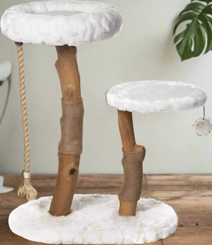 Modern Cat Tree Tower with Natural Branch Condo, Luxury Wood Tower, and Faux Fur-Covered Platforms for Large Cats