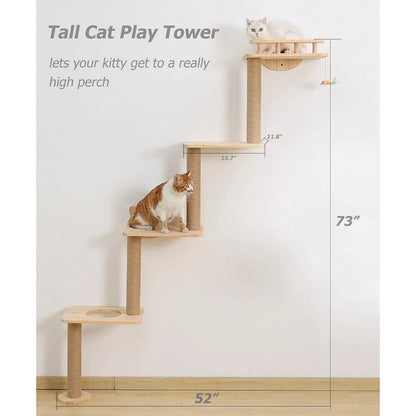 Wall-Mounted Cat Tree with 4 Levels, 73" Wood Corner Tower, and Sisal Rope Scratching Post