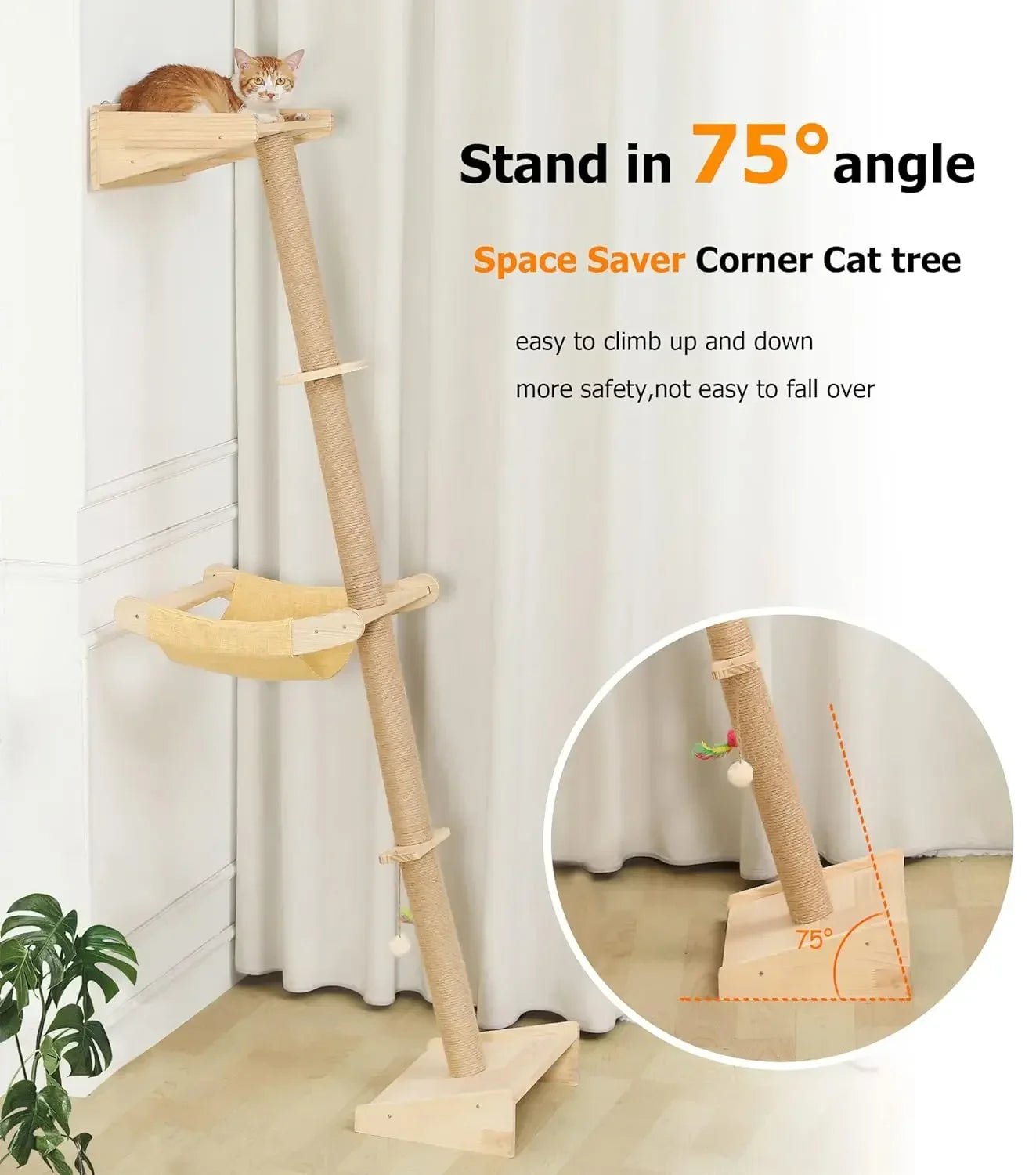 Wall Cat Tree with Hammock, Scratching Post, and 76" Tall Design for Indoor Climbing Cats