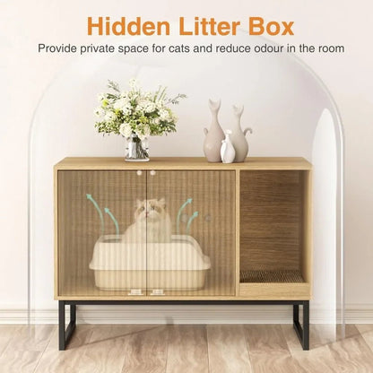 Cat Litter Box Enclosure - Fluted Hidden Litter Box Furniture with Cat Scratch Pad, 2 Doors & Enclosed Cabinet