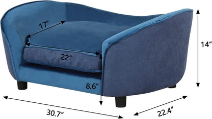 Pet Sofa Bed - Velvet & Linen Fabric Pet Couch with Removable & Washable Cushion and Solid Wood Frame