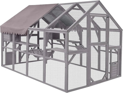 Large Outdoor Cat Enclosure with Bridges, Walks, Small Houses, and Waterproof Roof Cover