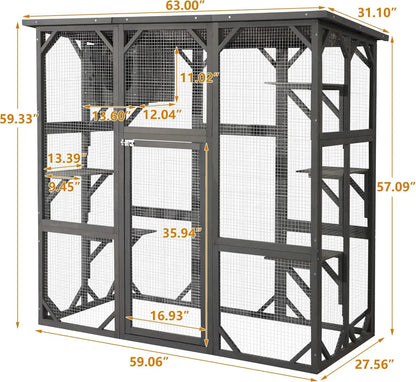 Large Outdoor Catio Wooden Cat House with Weatherproof Roof, Indoor Playpen, and Platform