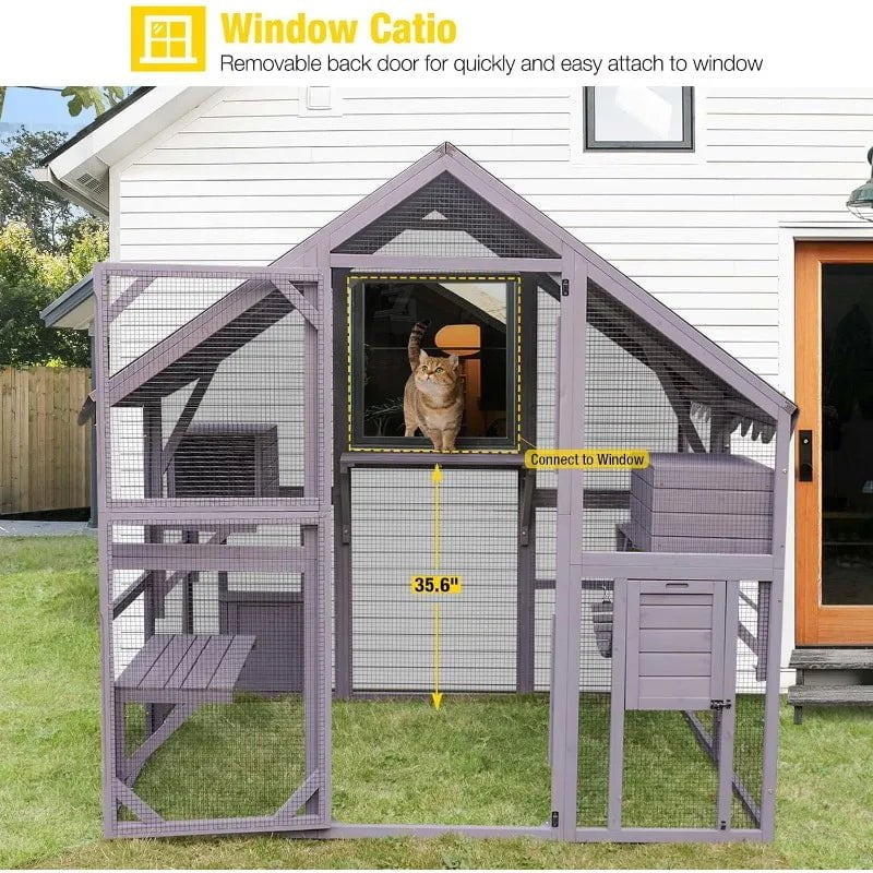 Large Outdoor Cat Enclosure with Bridges, Walks, Small Houses, and Waterproof Roof Cover