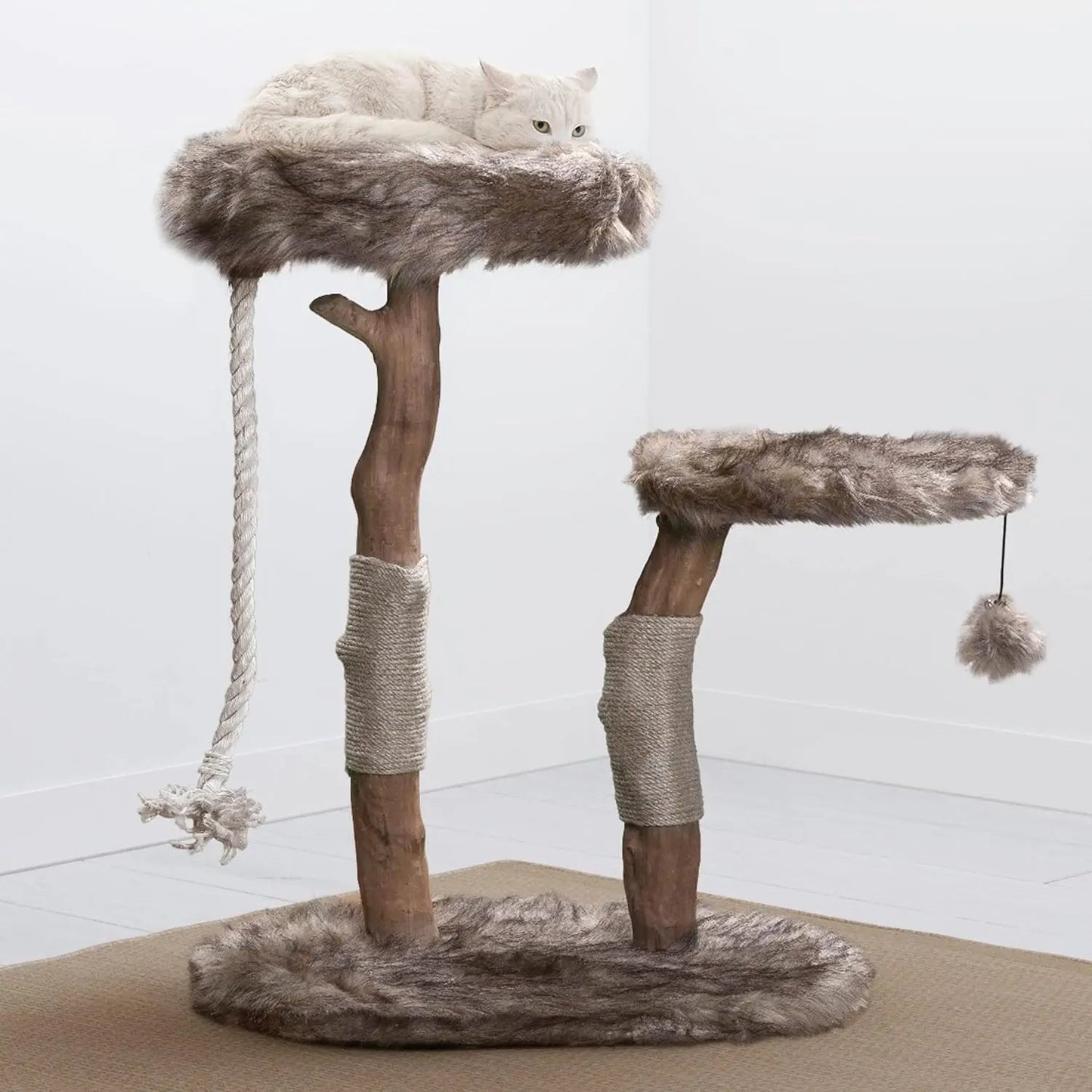 Modern Cat Tree Tower with Natural Branch Condo, Luxury Wood Tower, and Faux Fur-Covered Platforms for Large Cats