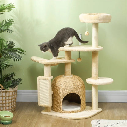 Cat Tree Tower with Sisal Scratching Posts, Hammock, Cozy Bed, and Toy Balls for 1-2 Cats