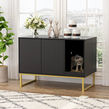 Cat Litter Box Enclosure - Fluted Hidden Litter Box Furniture with Cat Scratch Pad, 2 Doors & Enclosed Cabinet