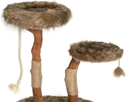 Modern Cat Tree Tower with Natural Branch Condo, Luxury Wood Tower, and Faux Fur-Covered Platforms for Large Cats