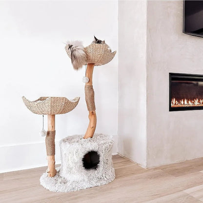 Modern Luxury Cat Tree Tower for Large Cats - 3-Layer Real Branch Cat Condo with Scratching Tree and Unique Design