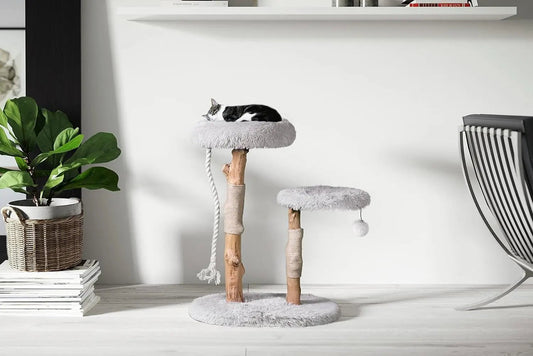 Modern Cat Tree Tower with Natural Branch Condo, Luxury Wood Tower, and Faux Fur-Covered Platforms for Large Cats