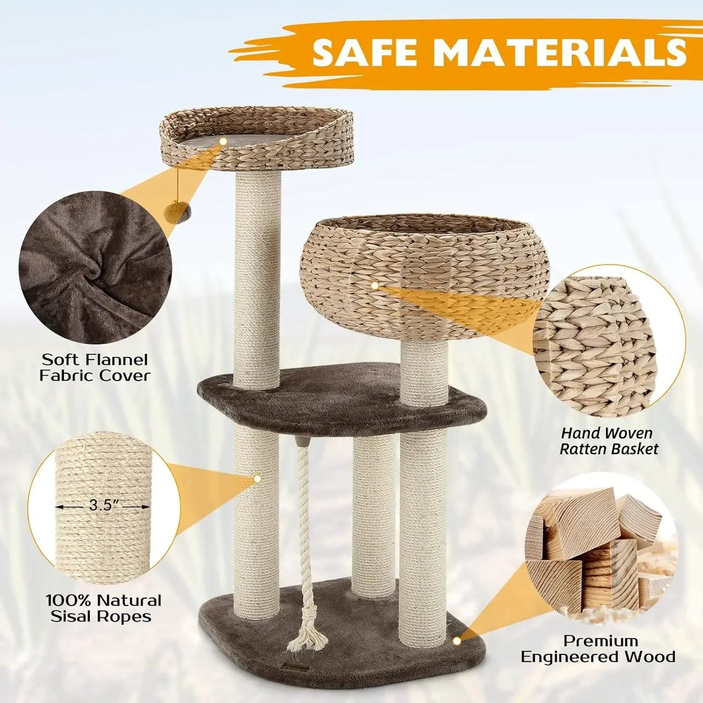 Cat Tree Tower with Sisal Scratching Posts, Basket Bed, and Multiple Perches for Endless Feline Fun