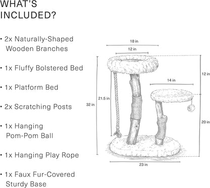 Modern Cat Tree Tower with Natural Branch Condo, Luxury Wood Tower, and Faux Fur-Covered Platforms for Large Cats