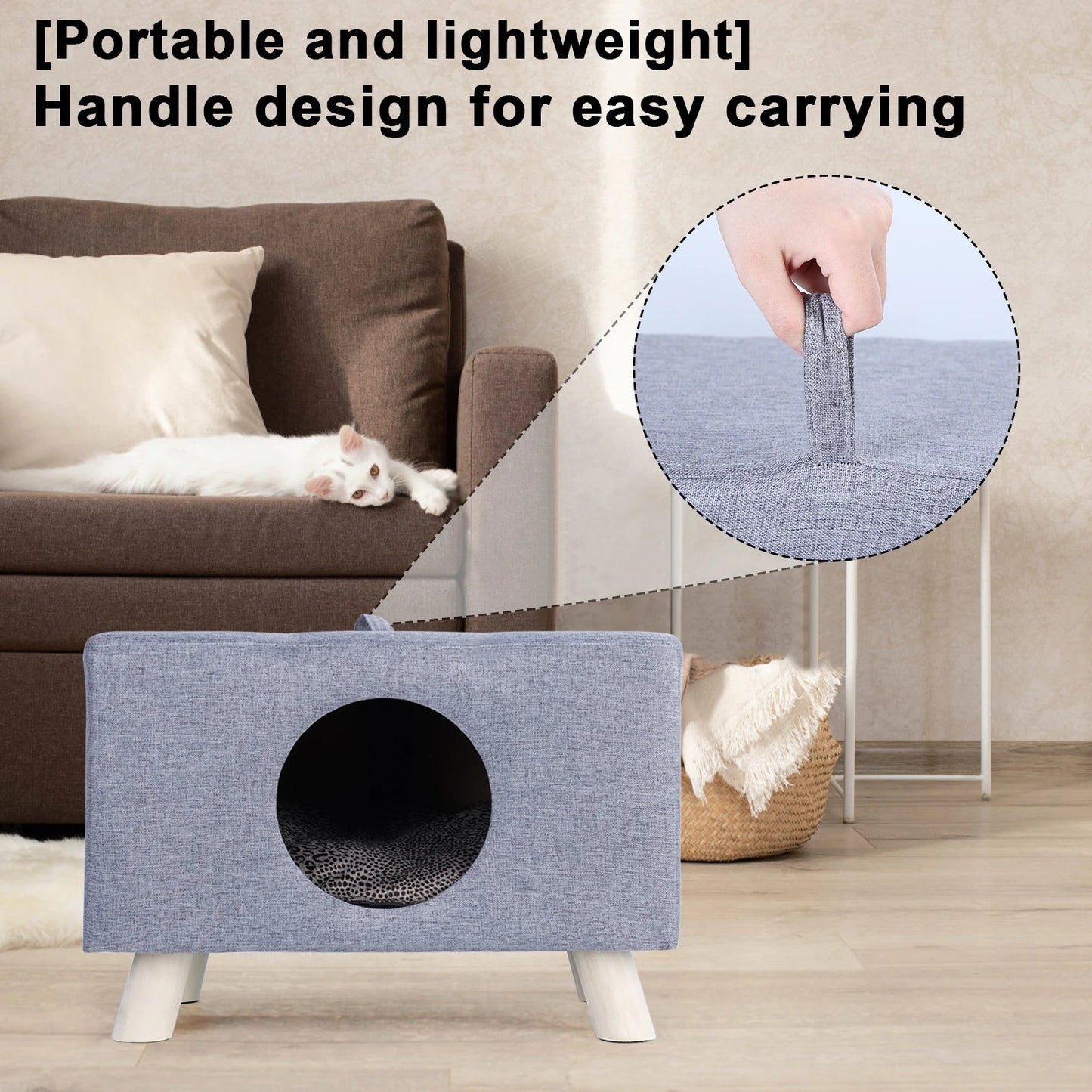 Cat Nest, Pet House Bench - Wooden Pet House Cat Cave with Soft Mat