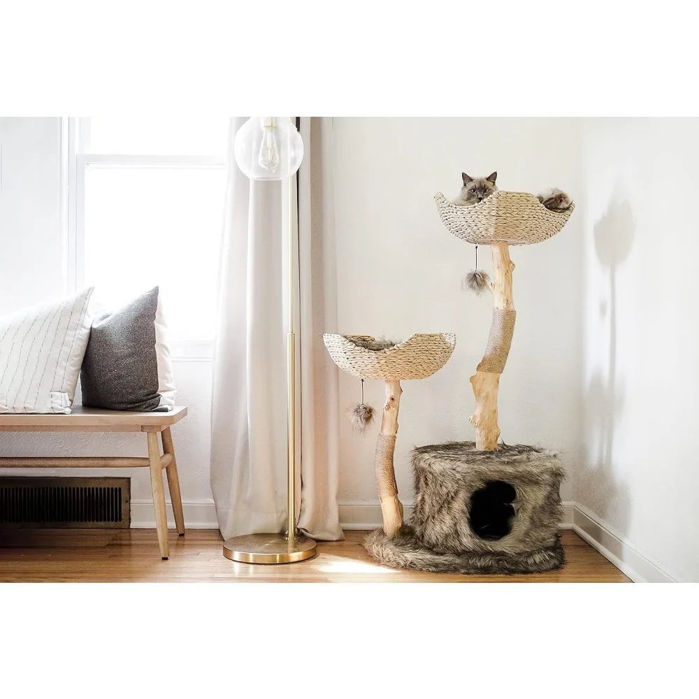 Modern Luxury Cat Tree Tower for Large Cats - 3-Layer Real Branch Cat Condo with Scratching Tree and Unique Design