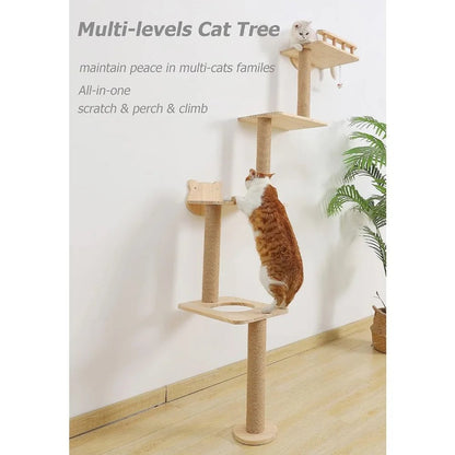 Wall-Mounted Cat Tree with 4 Levels, 73" Wood Corner Tower, and Sisal Rope Scratching Post