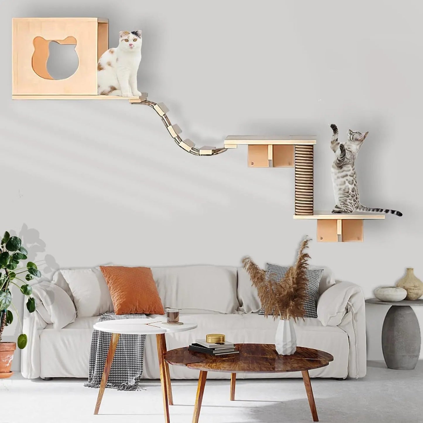 Cat Wall Shelves and Perches with 2 Condos House, Scratching Post, and 6 Shelves for Multi-Cat Households