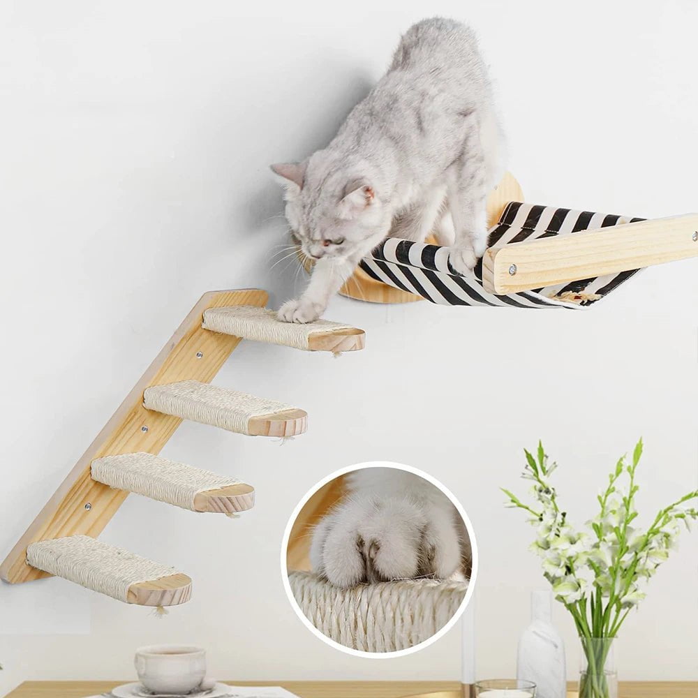 3-Piece Cat Hammock Set with Four-Step Sisal Stairway, Wall-Mounted Wooden Cat Furniture, and Comfortable Hammock