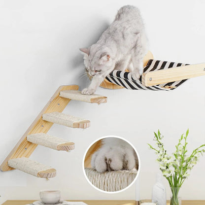 3-Piece Cat Hammock Set with Four-Step Sisal Stairway, Wall-Mounted Wooden Cat Furniture, and Comfortable Hammock