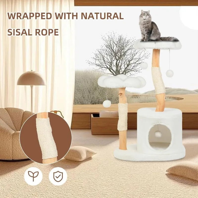 Wood Flower Cat Tree Tower for Indoor Cats - Cute Cat Condo with Scratching Post, Plush Perches, and Toy Balls