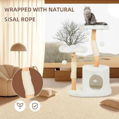 Wood Flower Cat Tree Tower for Indoor Cats - Cute Cat Condo with Scratching Post, Plush Perches, and Toy Balls