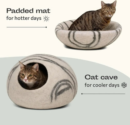 Merino Wool Cat Cave - Premium Handmade Felt Cat Bed for Cats and Kittens, Eco-Friendly and Portable