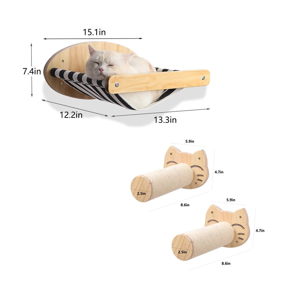 3-Piece Cat Hammock Set with Four-Step Sisal Stairway, Wall-Mounted Wooden Cat Furniture, and Comfortable Hammock