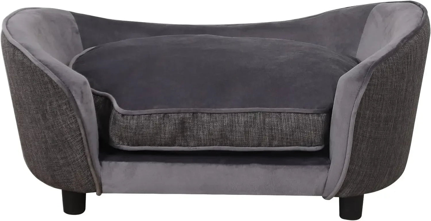 Pet Sofa Bed - Velvet & Linen Fabric Pet Couch with Removable & Washable Cushion and Solid Wood Frame