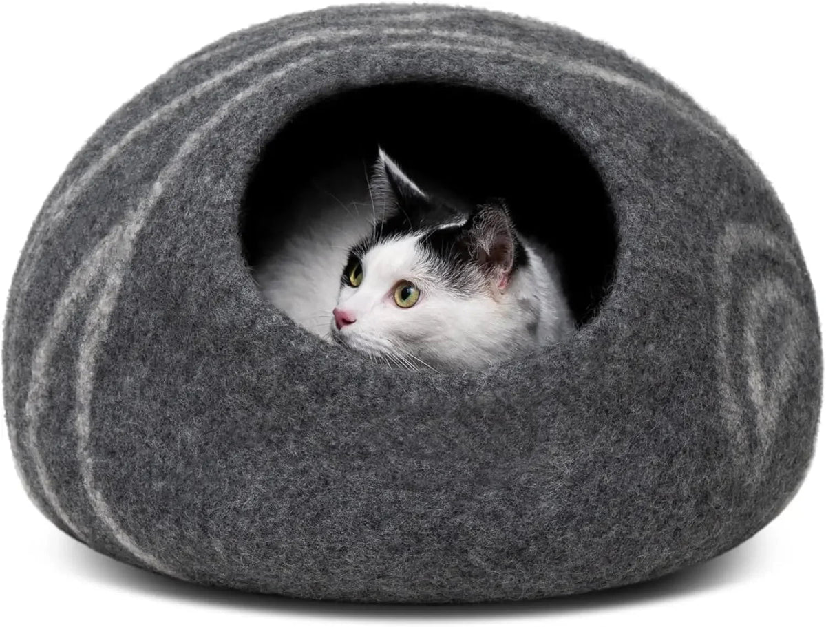 Handmade Felt Cat Bed Cave - 100% Merino Wool Eco-Friendly Cat House for Cats and Kittens