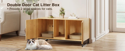 47.6" Hidden Litter Box Furniture - Double Room Large Cat Cabinet with Cat Scratch Pad, TV Stand & Side Table