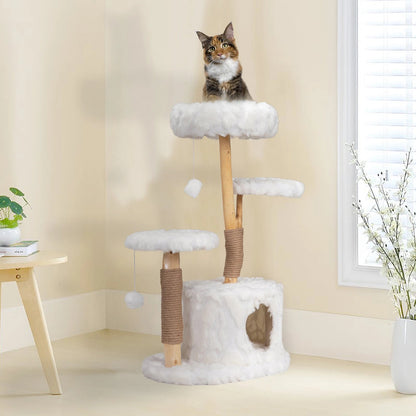 Natural Branch Modern Cat Tree - 3-Tier Luxury Cat Condo with Plush Perches and Jute Rope Scratching Posts