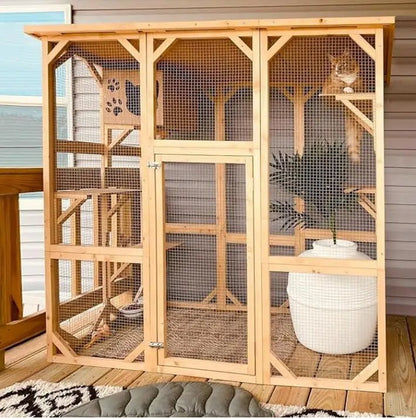 Large Outdoor Catio Wooden Cat House with Weatherproof Roof, Indoor Playpen, and Platform