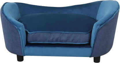 Pet Sofa Bed - Velvet & Linen Fabric Pet Couch with Removable & Washable Cushion and Solid Wood Frame