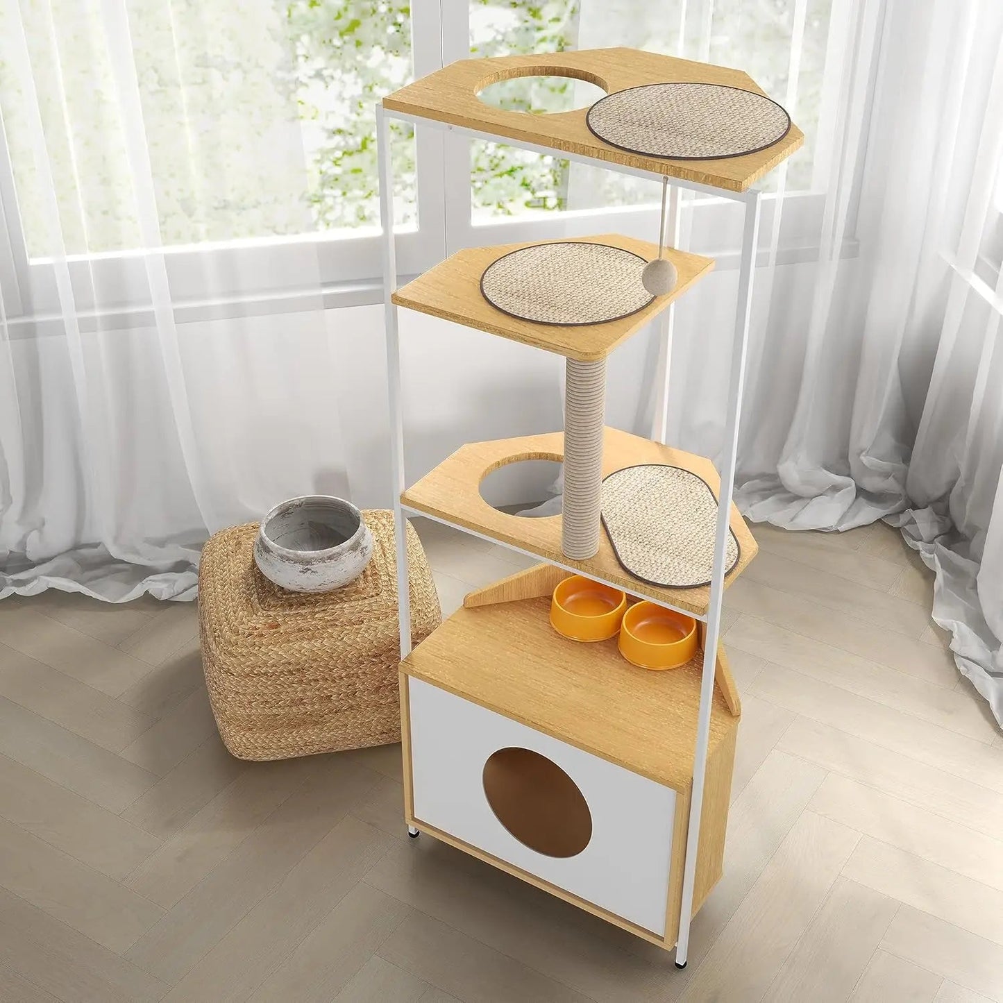 Corner Cat Tree with Scratching Post, Feeding Station, Climbing Platforms, and Space-Saving Design