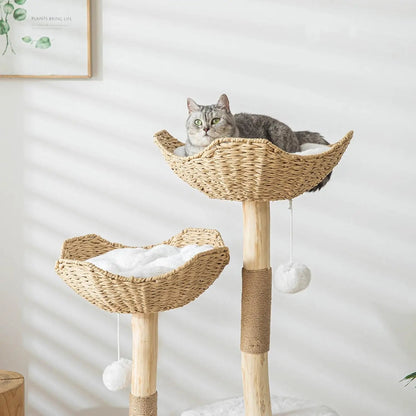 Modern Cat Tree for Indoor Cats - Large Adult Wooden Cat Tower with Scratching Post