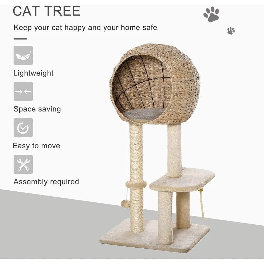 39" Cat Tree with Sisal Scratching Post, Condo, Hanging Rope, and Plush Fabric